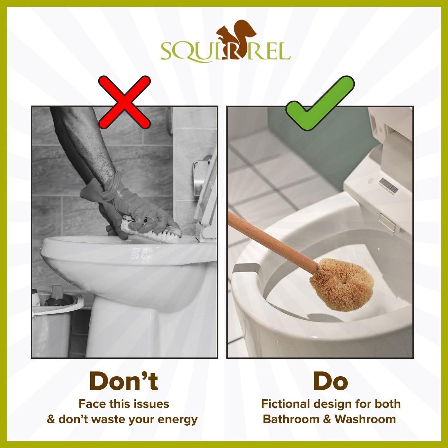 Squirrel Eco-Friendly Toilet Brush with Natural Coconut Fiber Handle and Wooden Handle, Pack of 2, Sustainable Bowl Cleaner with Hanging Hook