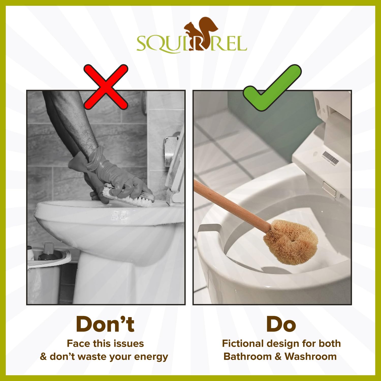 Squirrel Eco-Friendly Toilet Brush with Natural Coconut Fiber Handle and Wooden Handle, Pack of 2, Sustainable Bowl Cleaner with Hanging Hook