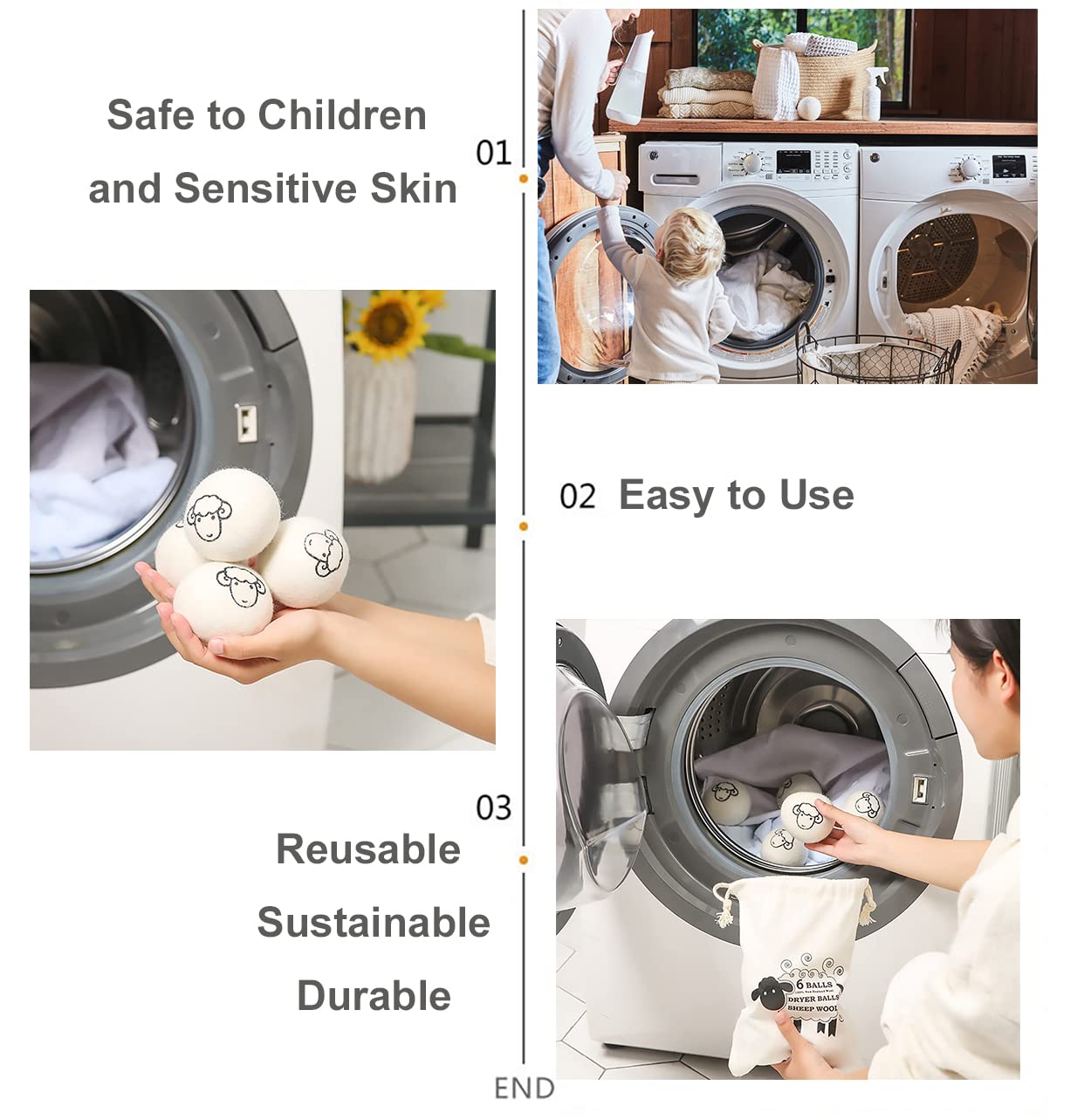 BienStylife 6-Pack Wool Dryer Balls Reusable Laundry Balls for Dryer Natural Fabric Softeners and Wrinkle Release, Organic and Eco Wool Dryer Ball