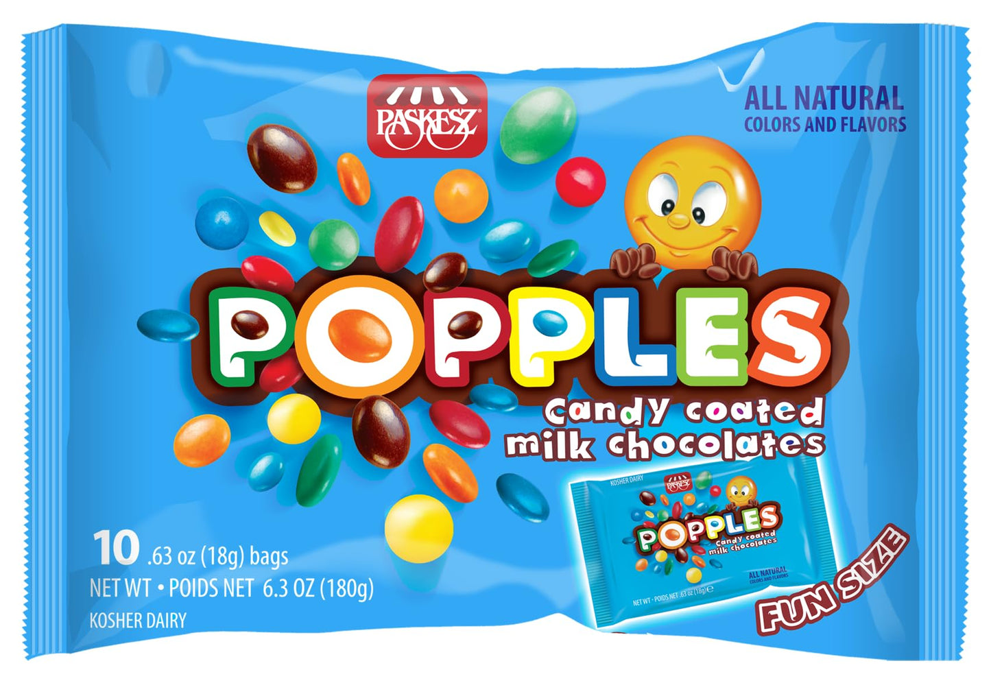Paskesz Popples Milk Chocolate Family Pack - Naturally Colored, Dye-Free, Non-GMO, Gluten-Free, Kosher Candy-Coated Chocolate Bites - 10 single serve