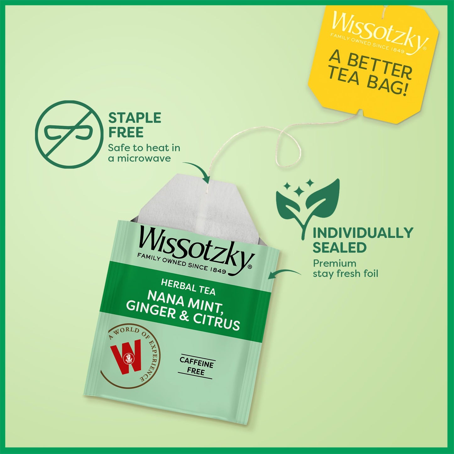 Wissotzky Nana Mint Ginger & Citrus Herbal Tea, 20 Tea Bags | Zesty Blend | Caffeine Free Tea | Digestive Support