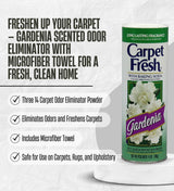 3x Carpet Fresh Gardenia Scent Carpet Odor Eliminator 14 oz Powder Bundle with Microfiber Cleaning Cloth - Eliminates Pet Odors, Provides Long-Lasting