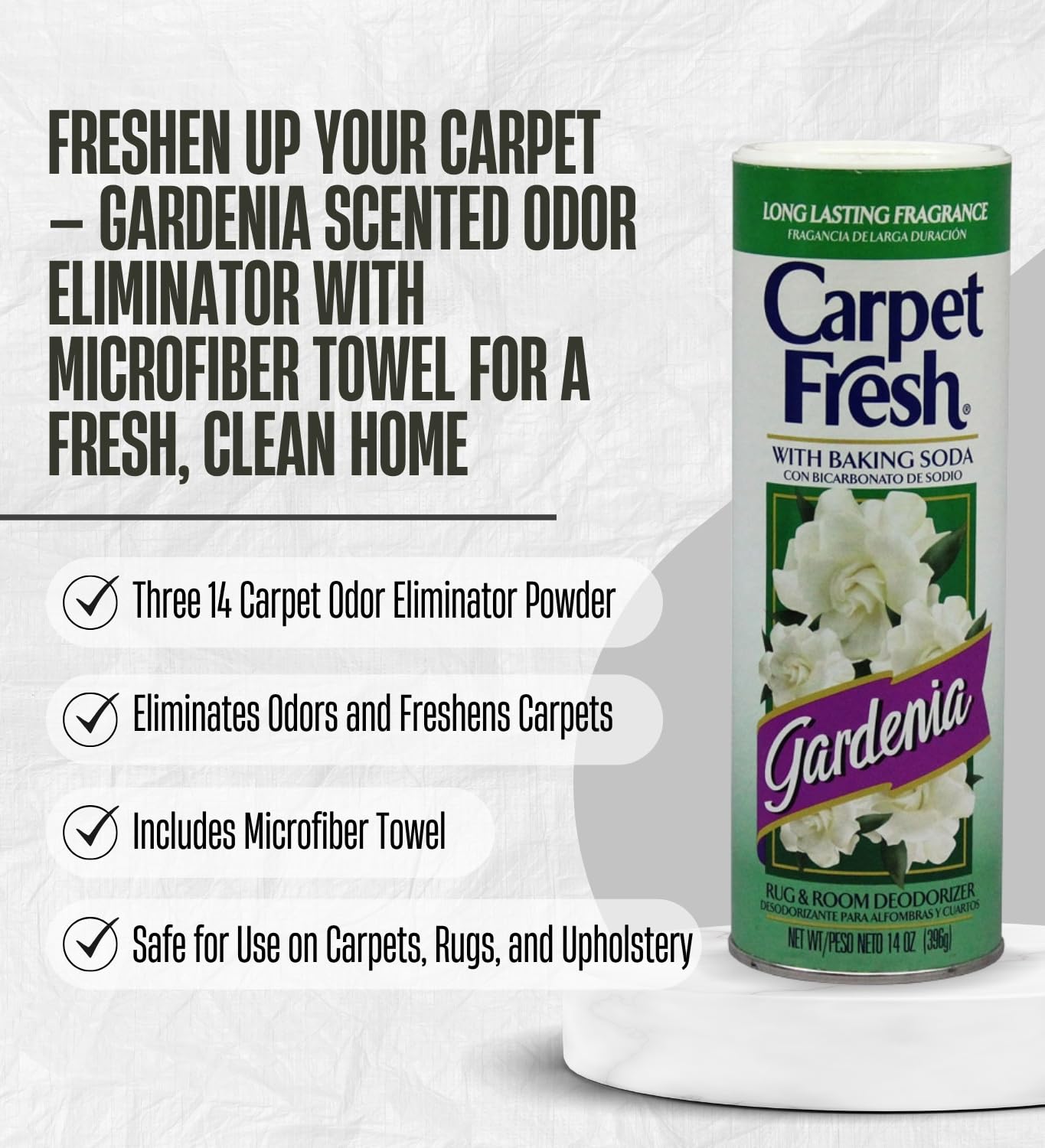 3x Carpet Fresh Gardenia Scent Carpet Odor Eliminator 14 oz Powder Bundle with Microfiber Cleaning Cloth - Eliminates Pet Odors, Provides Long-Lasting