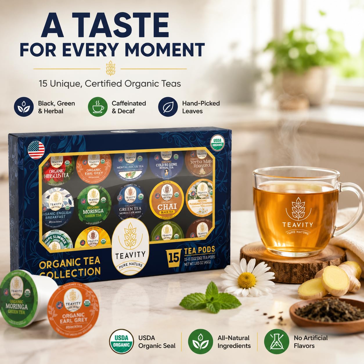 Organic Tea Pods Variety Pack - Assorted Sampler Pack Compatible for Keurig Brewer and Coffee Maker - Earl Grey, English Breakfast, Chai, Chamomile