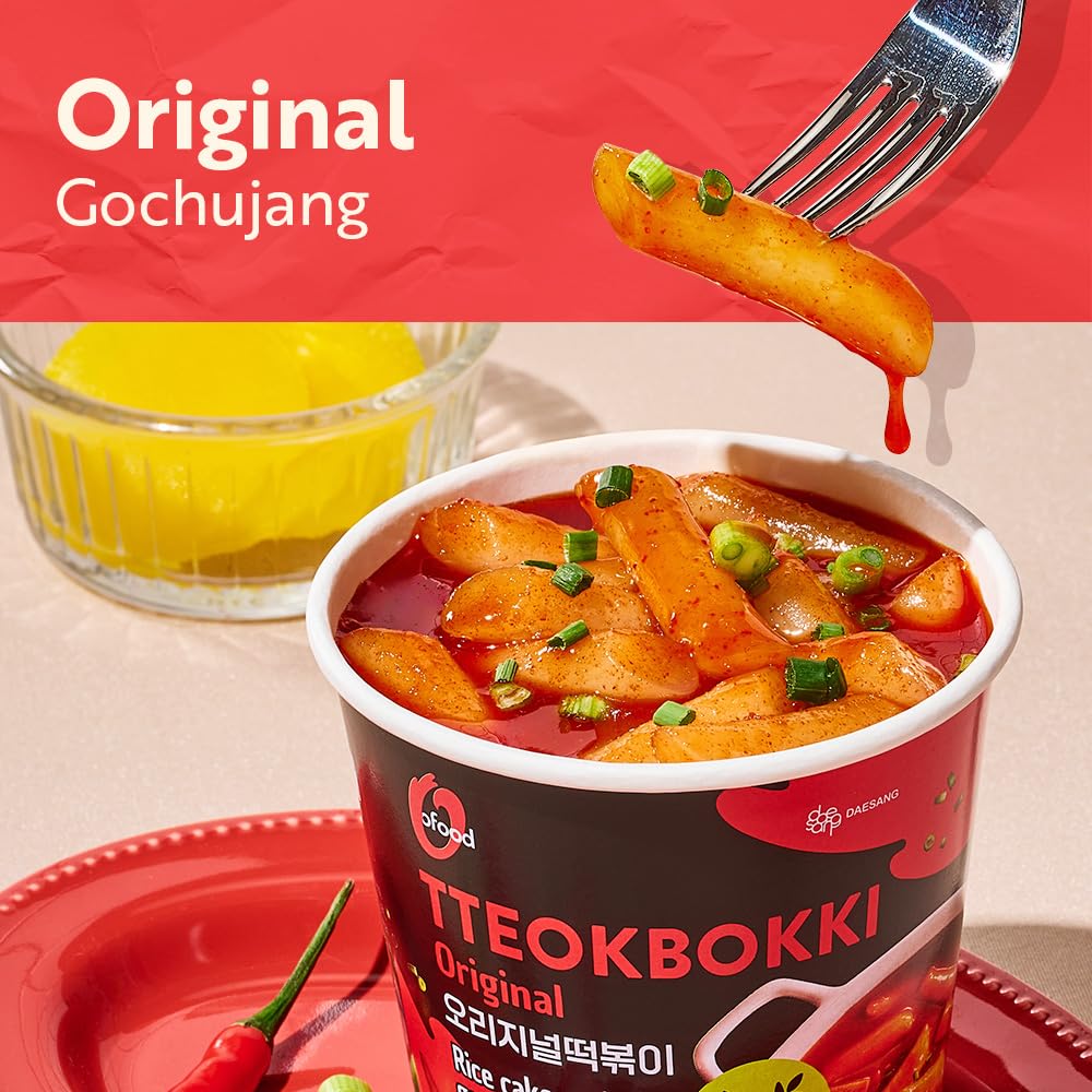 Spicy Cup Tteokbokki Instant Rice Cakes Korean - [Original (Gochujang) | Pack of 6] - Ready in 3 Minutes | Gluten-Free, Chewy, Quick & Easy Meal |