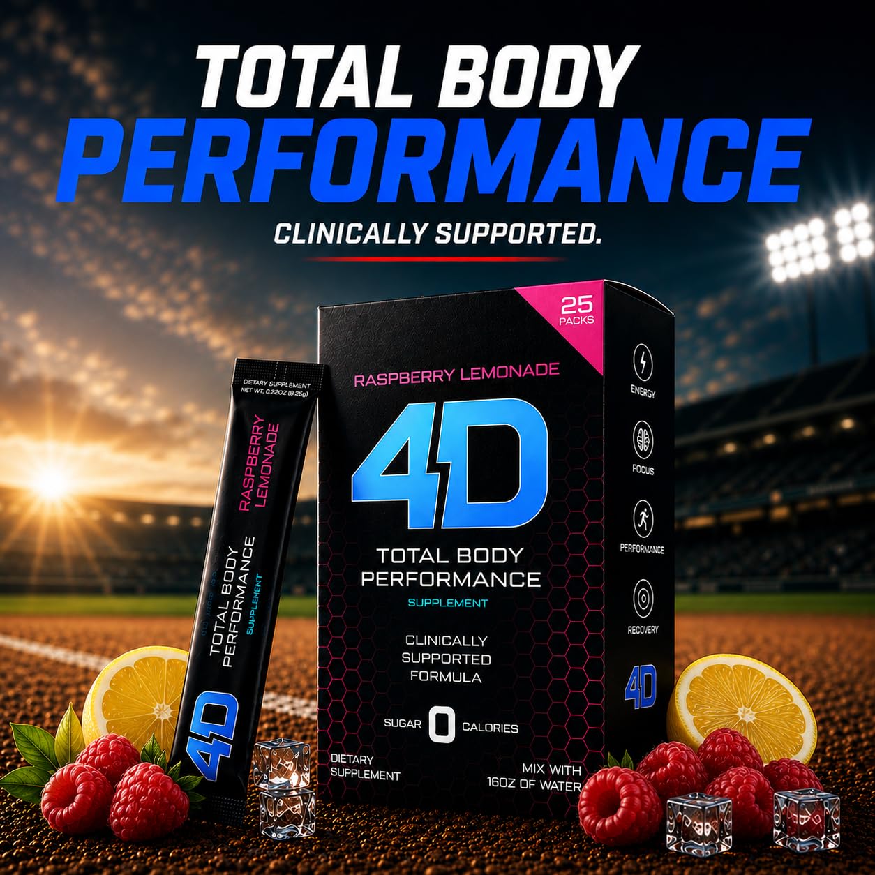 4D Raspberry Lemonade 25 Unit Drink Mixes - Electrolytes, Aminos, Vitamins & Energy Powder Packets - Zero Calories & Sugars - Gluten Free, Non-GMO