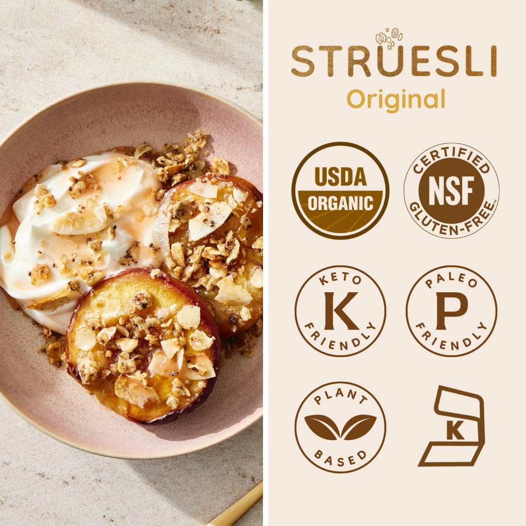 Struesli Original Organic Granola, Grain & Gluten Free, Healthy Snacks with Chia Seeds, Nuts & Sea Salt, Prebiotic High Fiber Food for Yogurt, Cereal