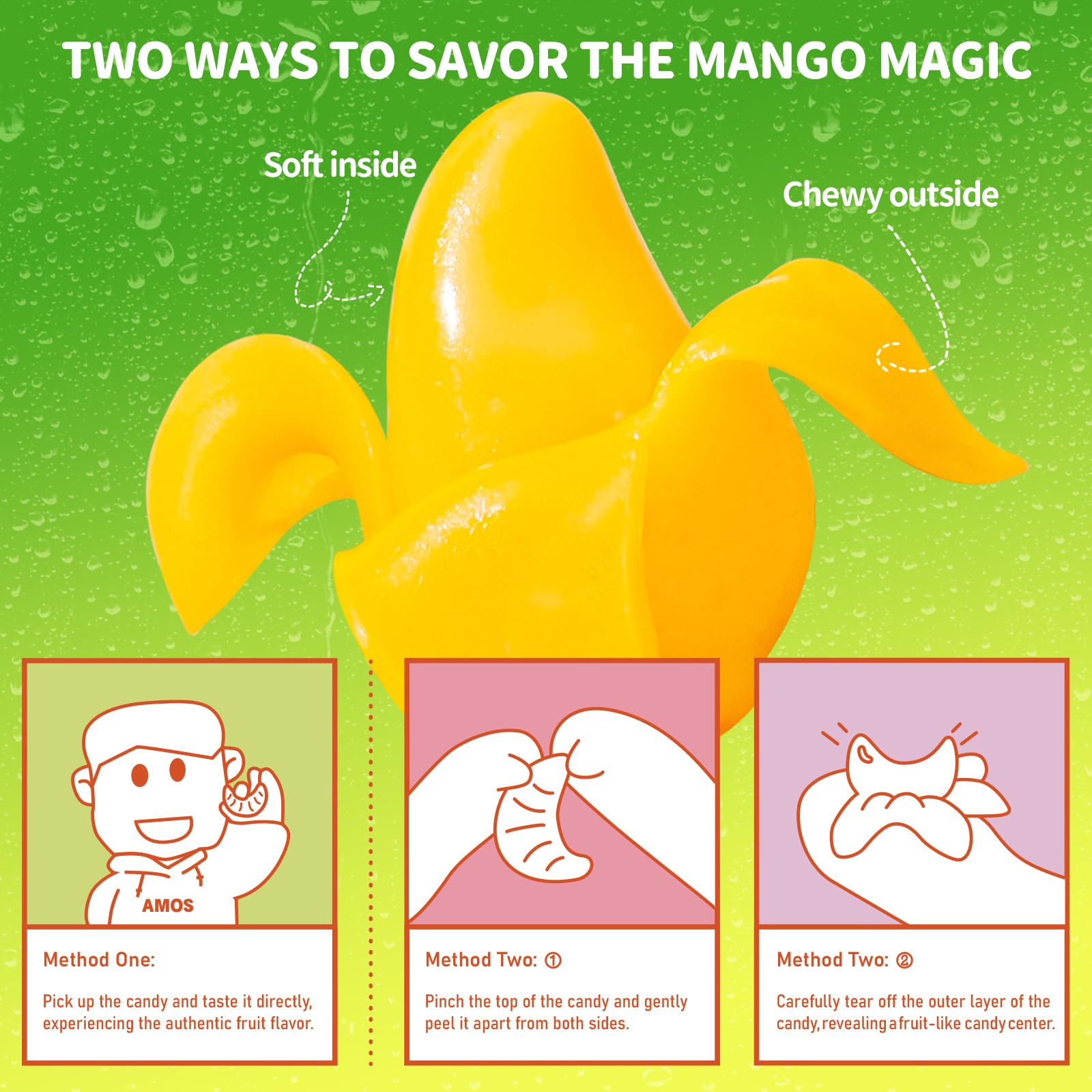AMOS Peelerz Peelable Mango Gummy Candy,Soft Chewy Gummy Snack Made with Real Fruit Juice, Pack of 1