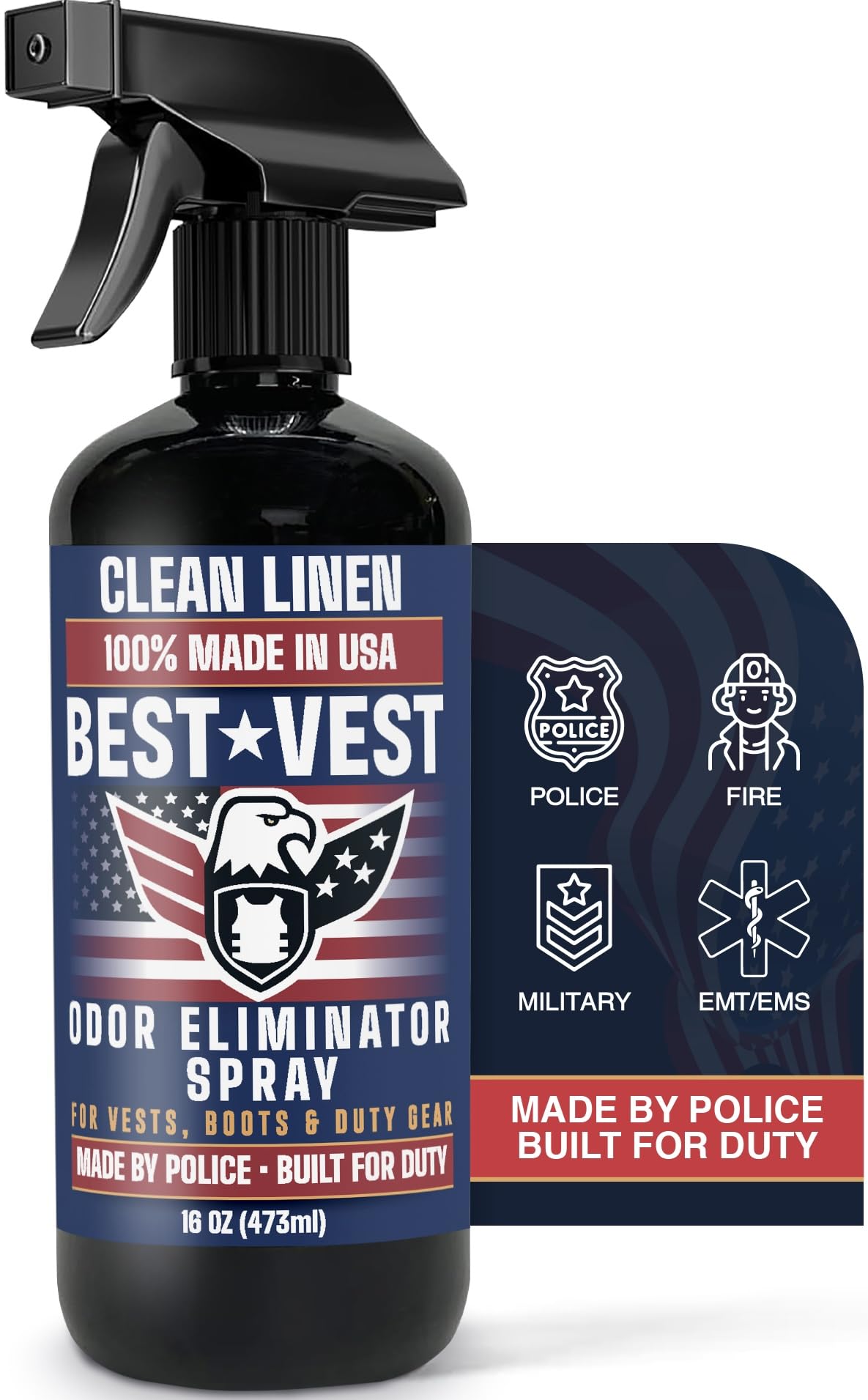 Odor Eliminator Spray for Tactical Gear Vest Carriers Boots and Uniforms Clean Linen Scent 16 fl oz Single Bottle Non Toxic Made in USA