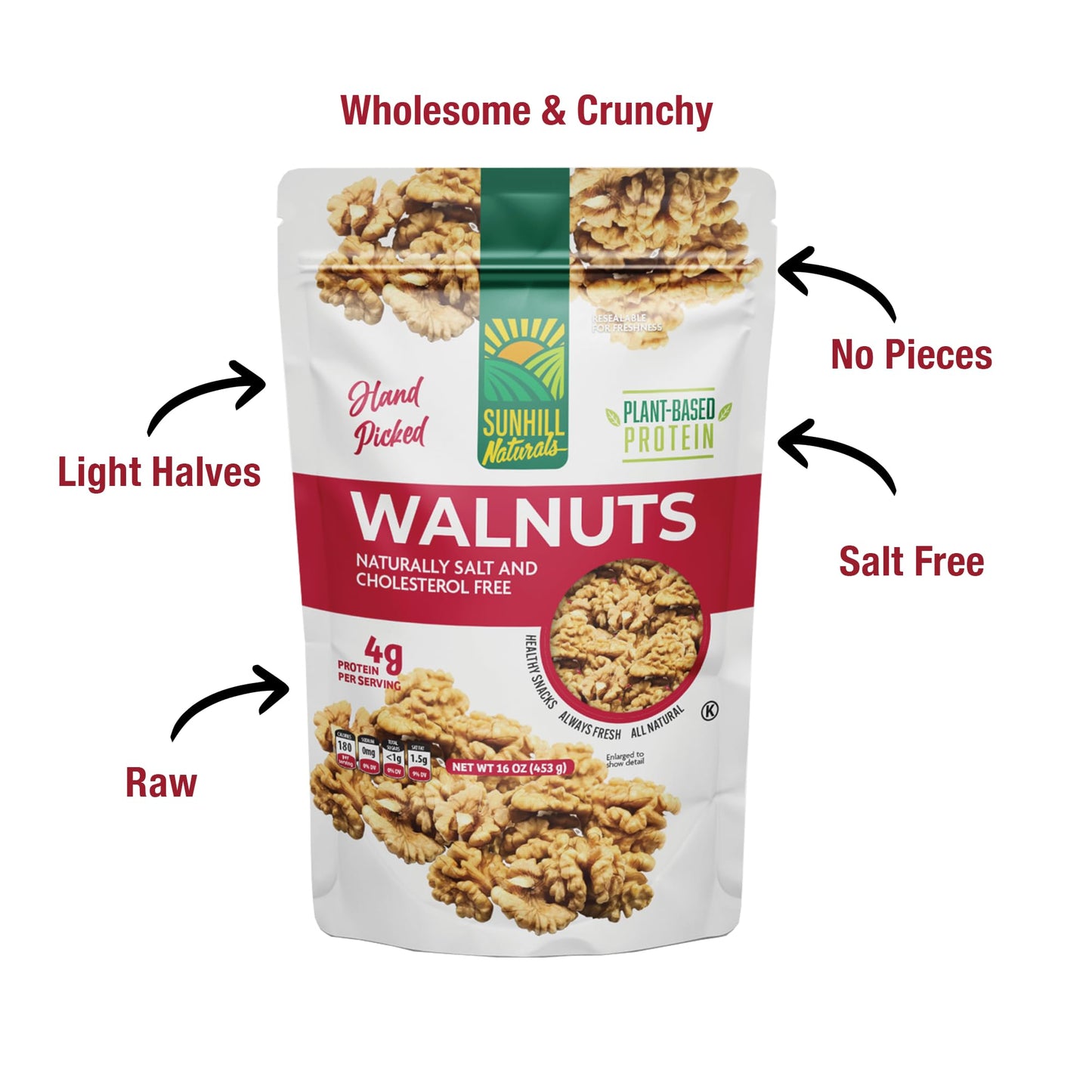 Sunhill Naturals Premium Raw Shelled Walnuts | Fresh Halved Unsalted Raw Chandler Walnuts for Smart Snacking | LHC | Light Halves