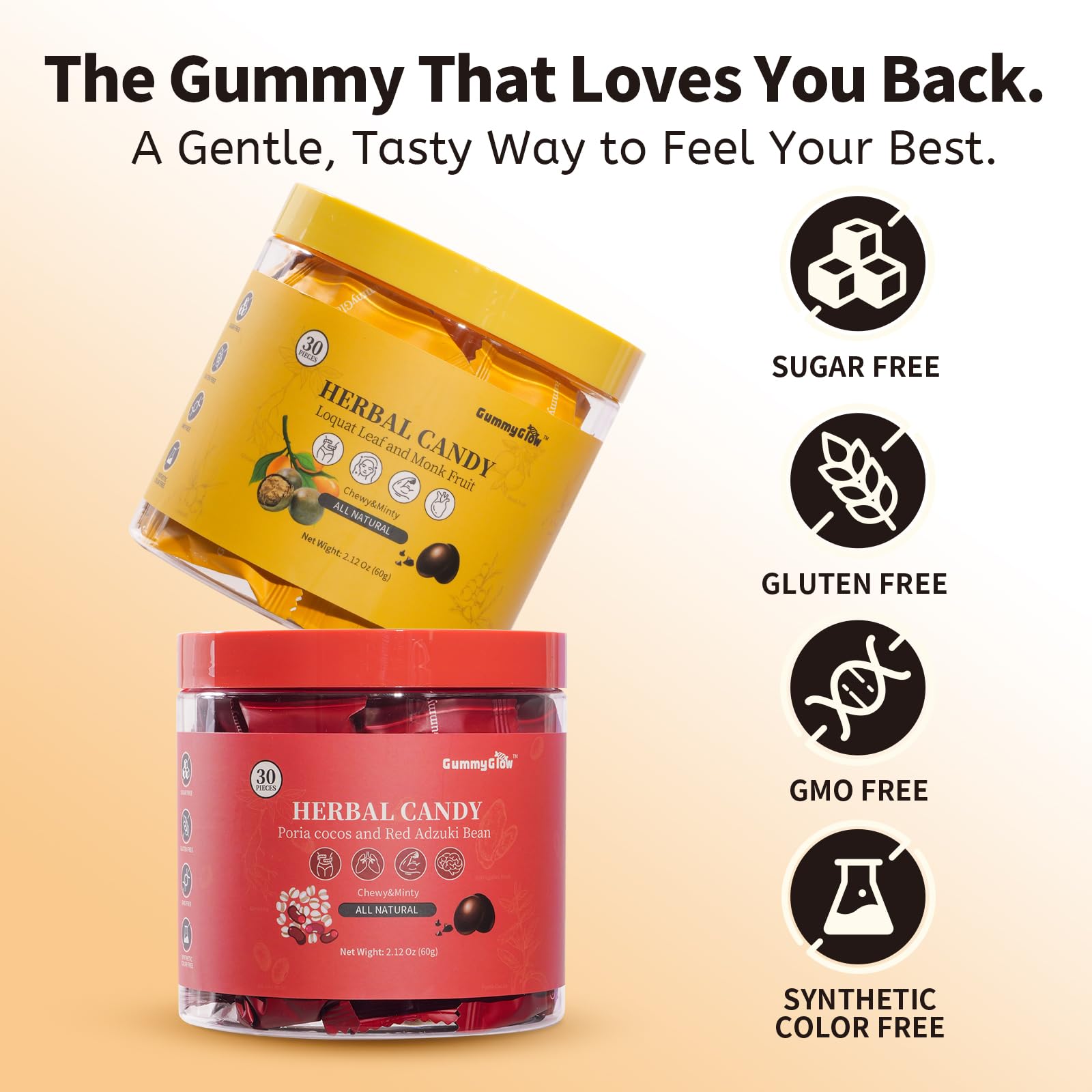 Gummy Glow All-Natural Herbal Hard Candy with Loquat & Monk Fruit, Supports Throat Comfort & Fresh Breath, Sugar-Free Cooling & Chewy Candy