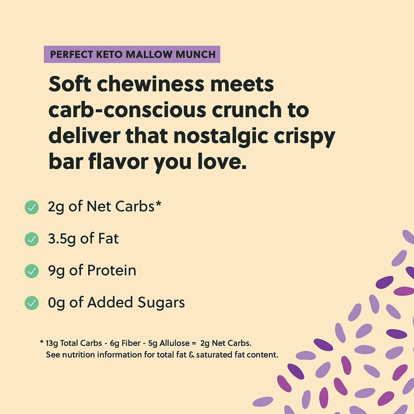 Perfect Keto Mallow Munch, Gluten Free, Cereal Bars, Breakfast Bar, Rice-Free, Low Sugar, Low Carb, Crispy, High Protein Snack, Healthy Snacks, 9g