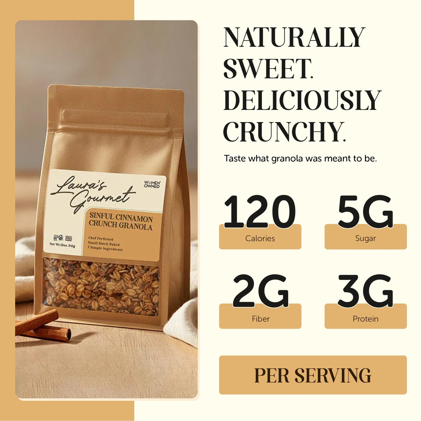Laura's Gourmet Granola - Sinful Cinnamon Crunch - Gluten, Soy & Dairy Free - Organic Agave, Cinnamon & Pure Ground Vanilla, Vegan, Chef's Trifecta