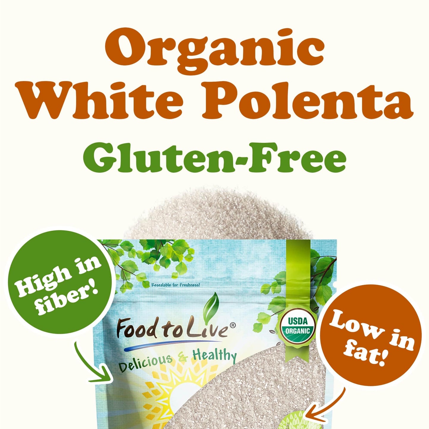 Food to Live - Gluten Free Organic White Polenta, 12 Ounces - Classic Cornmeal. Vegan, Kosher Corn Grits. Great for Hot Cereal and Porridge