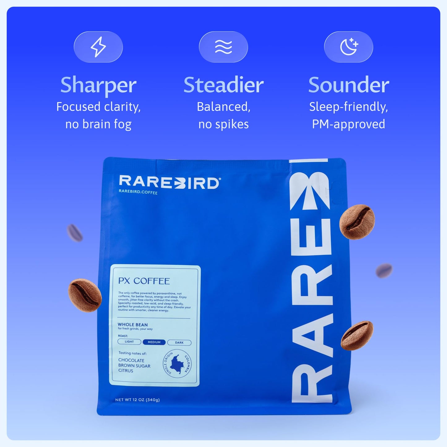 Rarebird Px Coffee, Whole Bean Coffee - Medium Roast - Powered by Px (Paraxanthine) for Smooth, Focused, Sleep-Friendly Energy - Specialty Grade