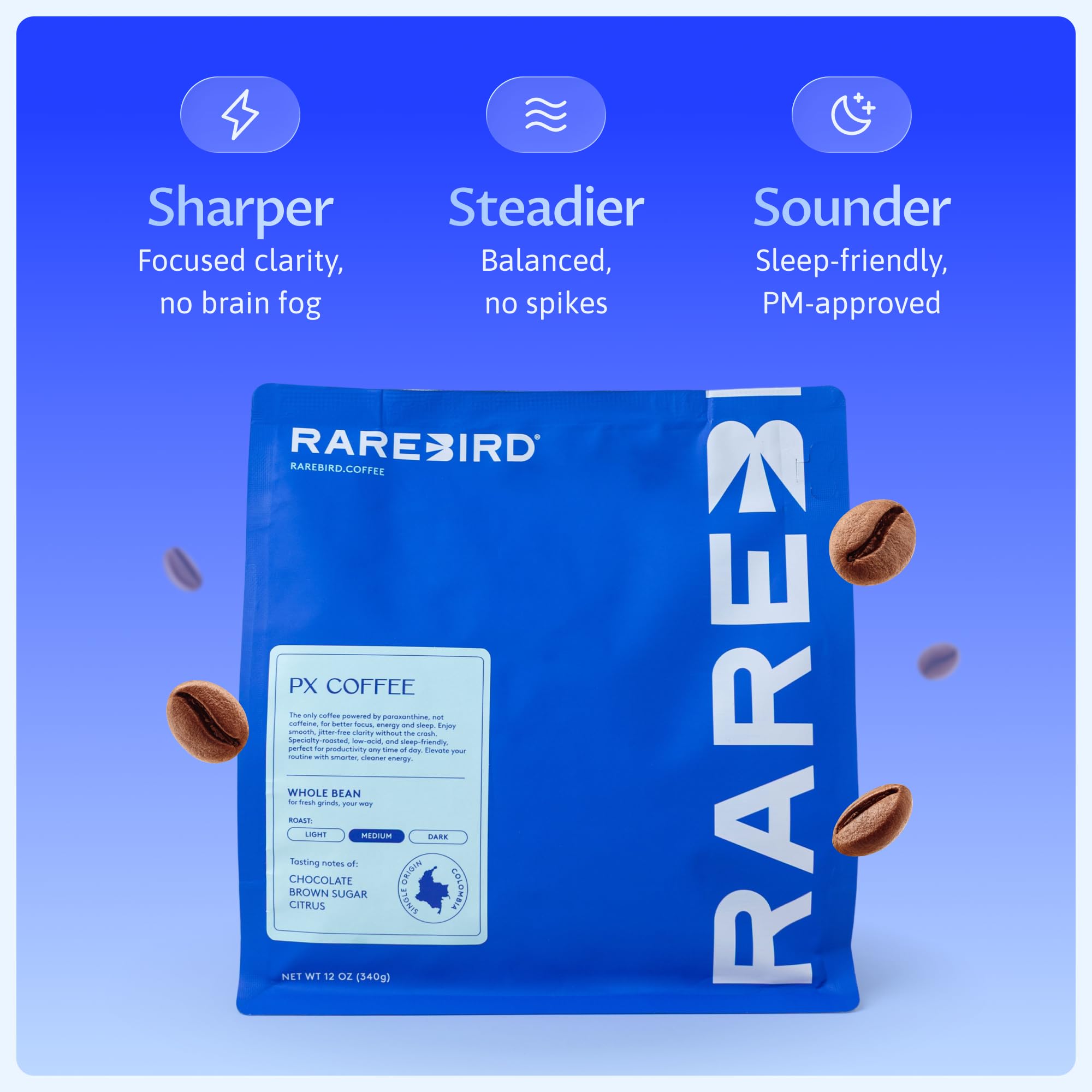 Rarebird Px Coffee, Whole Bean Coffee - Medium Roast - Powered by Px (Paraxanthine) for Smooth, Focused, Sleep-Friendly Energy - Specialty Grade