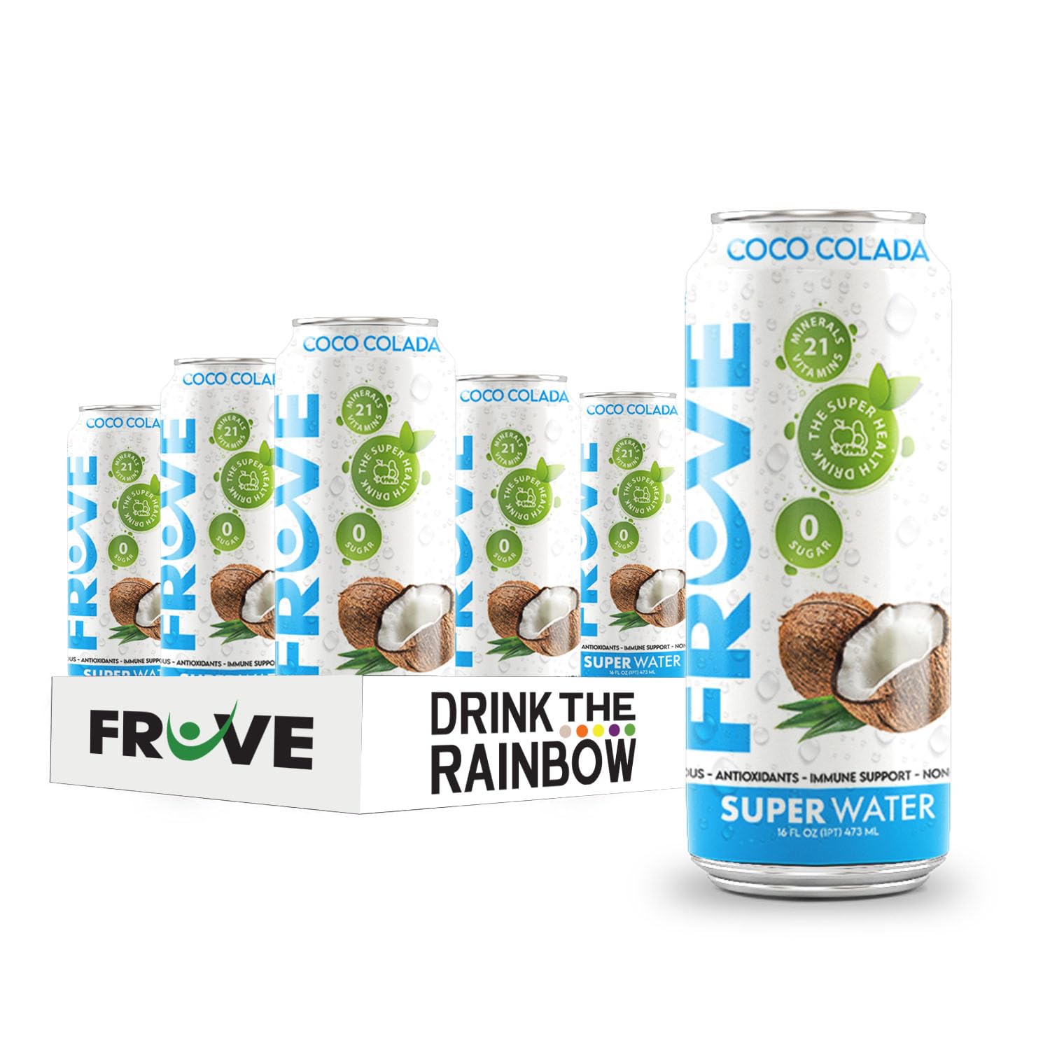 FrUve Super Water | Coco Colada Flavor | 12 16oz Cans | Healthy Drink | Zero Sugar | Low Calorie Drink | Powerful Antioxidants | Boosts Immune System