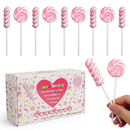 4E's Novelty Pink Swirl and Twist Lollipops (48 Pack) - Individually Wrapped Valentines Candy Bulk for Kids Classroom Exchange Gifts Candy, Suckers