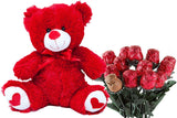 Valentines Day Gift Basket | Teddy Bear Plush 12 Inches (Color may Vary) & A dozen Belgian Milk Chocolate Rose Bouquet | For Her Wife Girlfriend