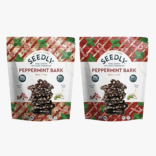 SEEDLY Organic 70% Dark Chocolate Snacking Bark with 20g Protein, 50% less sugar - Limited Edition Peppermint - Keto, Vegan Snacks, Gluten-Free, Low