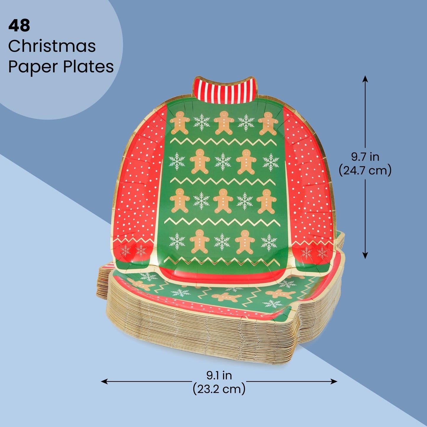 BLUE PANDA Paper Plates - 48 Count, Rectangular 9.7 x 9.1 in, Green & Red - Disposable Heavy-Duty Festive Gingerbread Design Paper Platters - Party