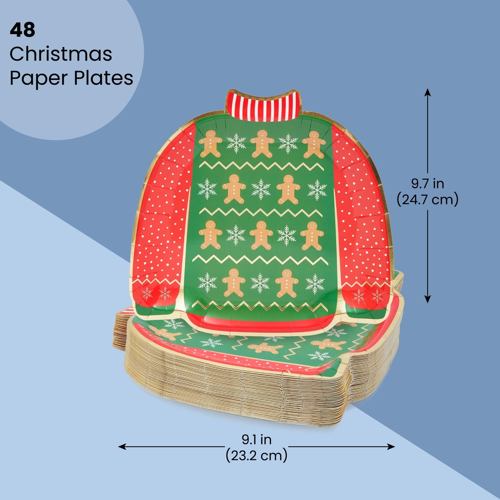 BLUE PANDA Paper Plates - 48 Count, Rectangular 9.7 x 9.1 in, Green & Red - Disposable Heavy-Duty Festive Gingerbread Design Paper Platters - Party