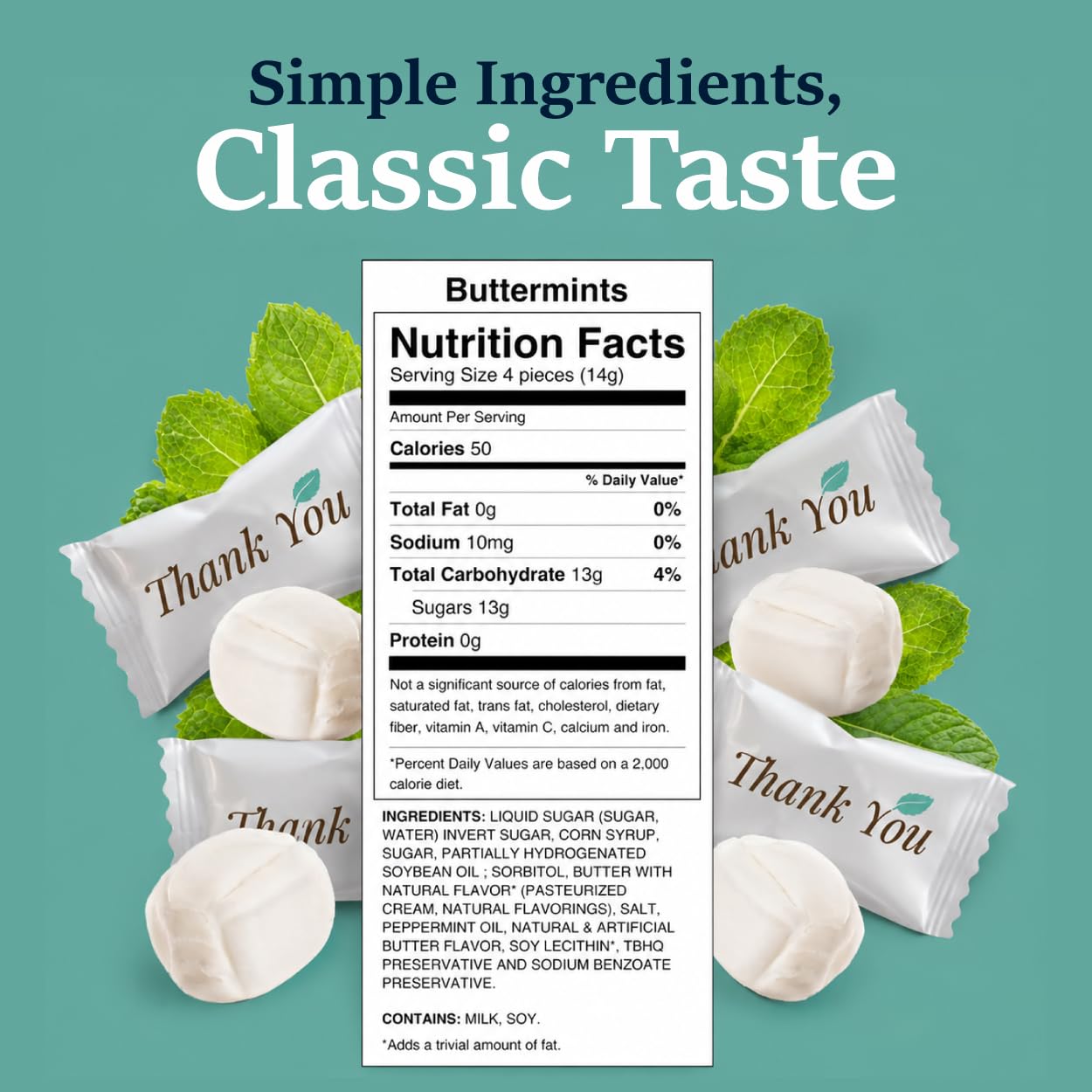 Stock Your Home Thank You Buttermints, Approx. 125 Count - Individually Wrapped Butter Mints, Soft Creamy Mint Candy, Kosher, Made in USA, Perfect