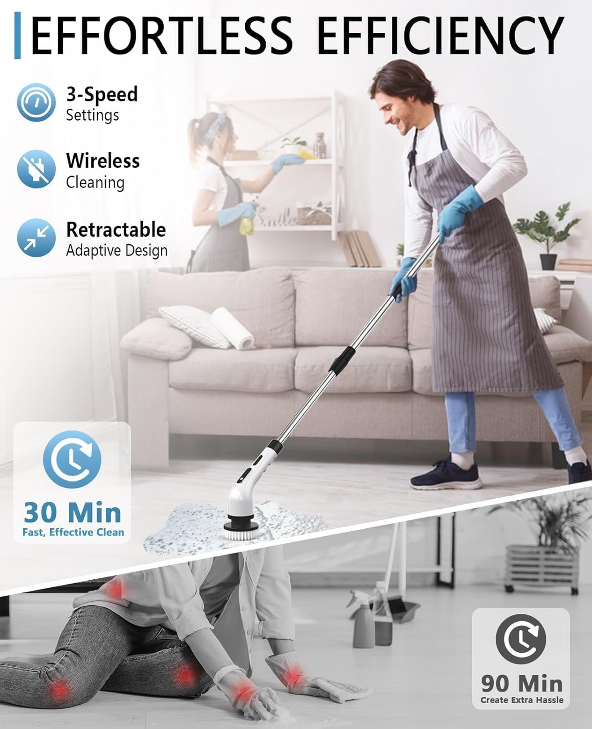 Electric Spin Scrubber for Cleaning Bathroom, Shower Scrubber Cordless Cleaning Brush with IPX7 Waterproof & 3 Speed, 9 Brush Heads, Bathroom Cleaning
