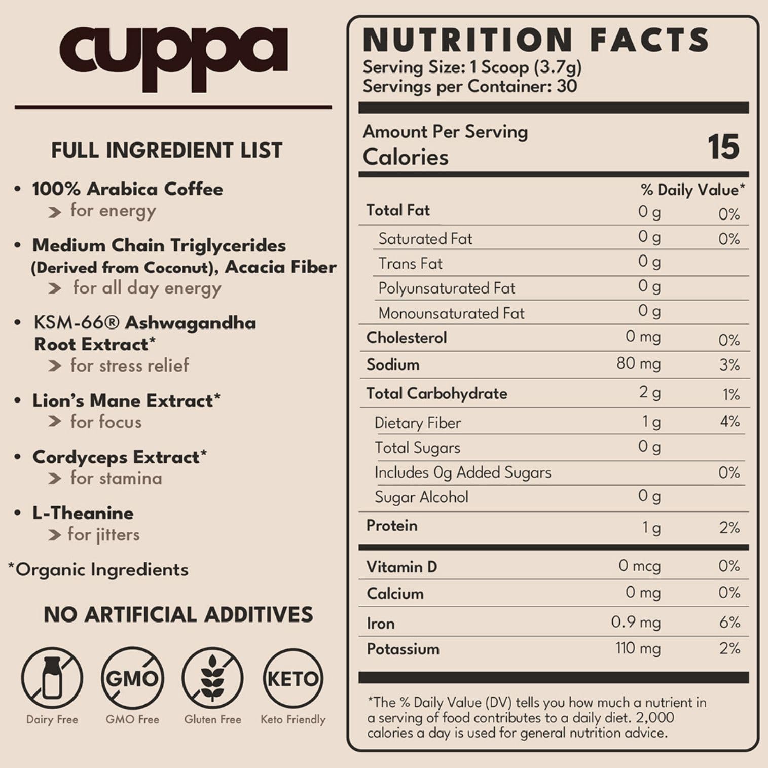 Cuppa Medium Roast Mushroom Coffee with Adaptogens & Superfoods - Lion’s Mane, Ashwagandha & Cordyceps. Adaptogens + MCT to support natural energy