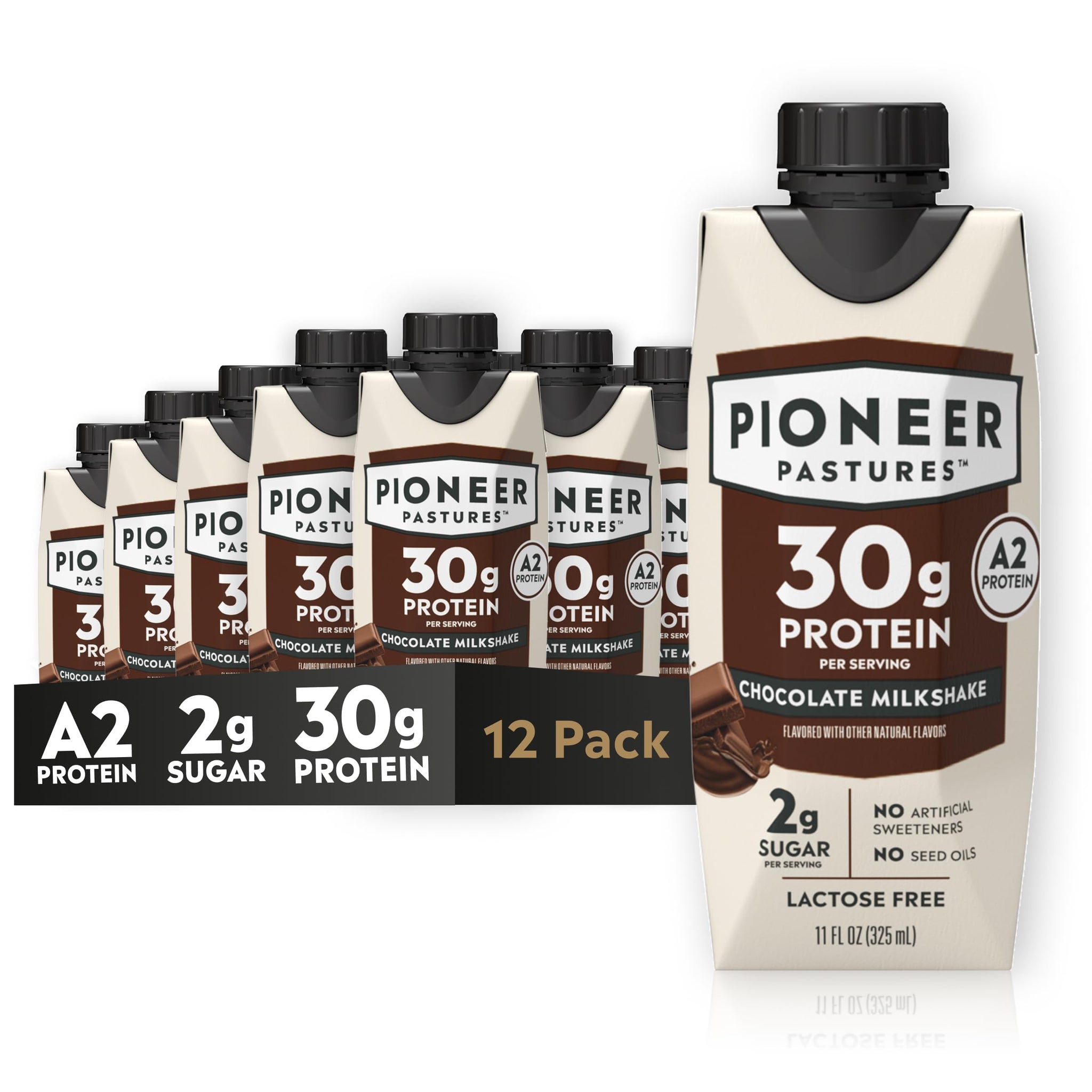 Pioneer Pastures - High Protein A2 Milkshakes - Chocolate - A2 Nutritional Milk, 30g Protein, 2g Sugar, No Artificial Sweeteners, No Seed Oils