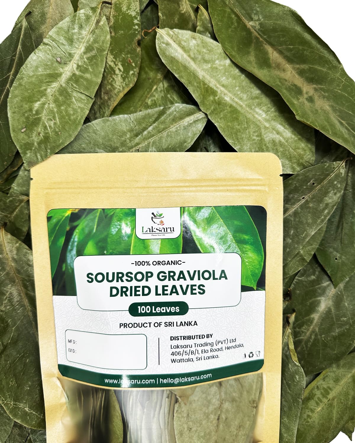 Laksaru 100% Organic Dried 100+ Soursop Leaves - Premium Graviola Leaves for Tea & Wellness, Handpicked and Sun-Dried From Ceylon Sri Lanka