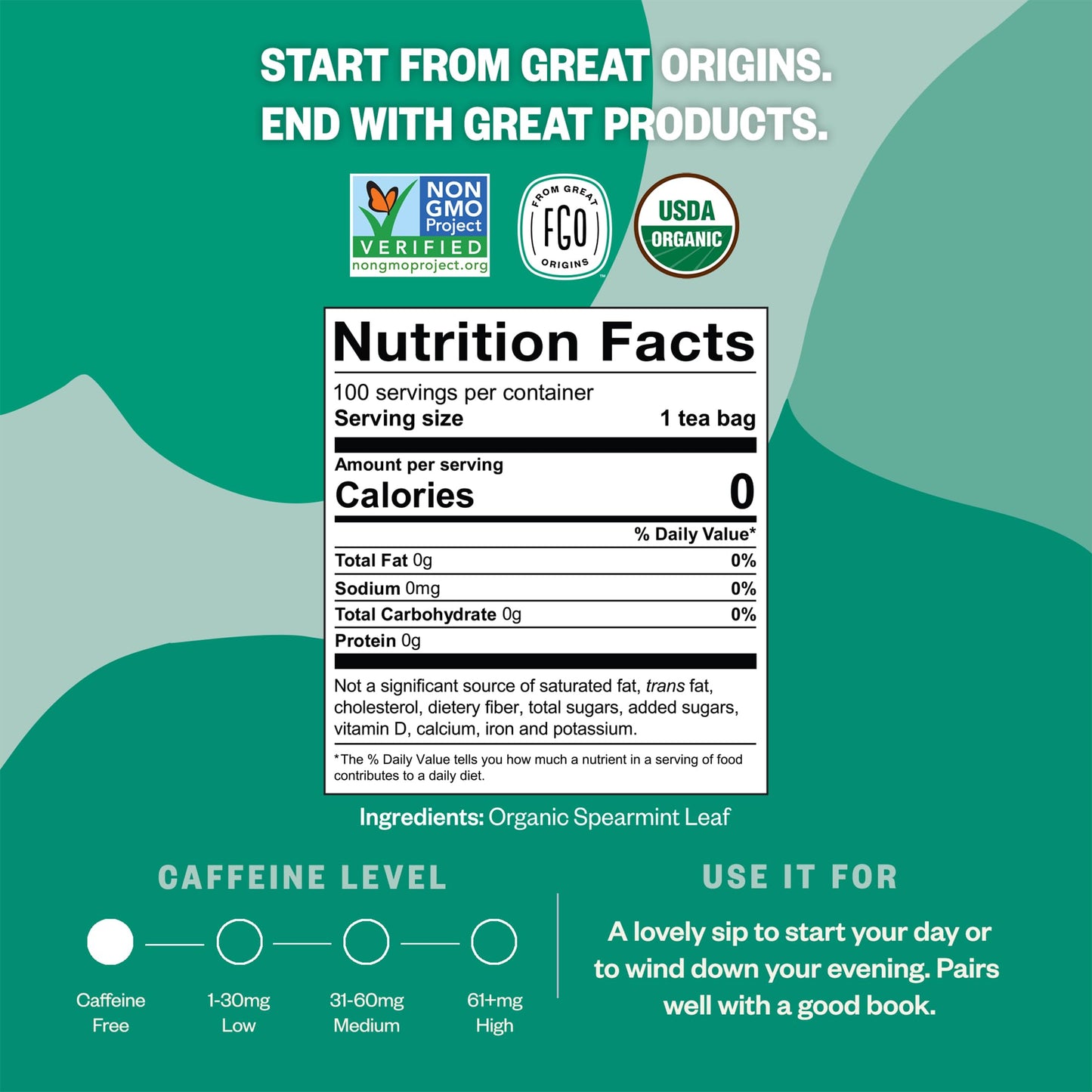 FGO Organic Spearmint Leaf Tea, 100 Count, Eco-Conscious Tea Bags, Caffeine Free, Resealable Bag, Packaging May Vary (Pack of 1)