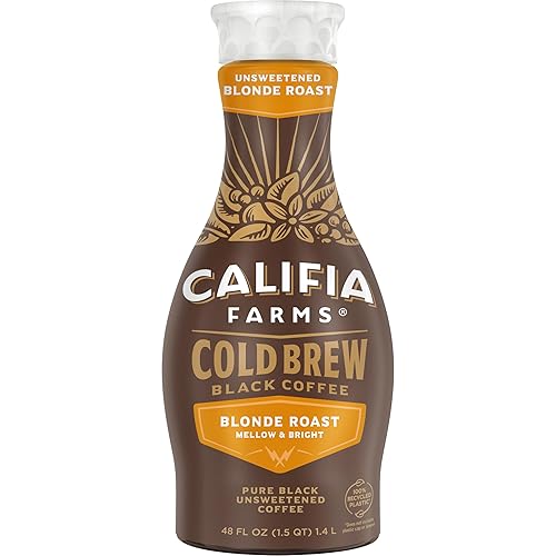 Califia Farms - Pure Black Blonde Roast Cold Brew Coffee, 48 Oz, 100% Arabica, Plant Based, Vegan, Gluten Free, Non GMO, Sugar Free, Iced Coffee