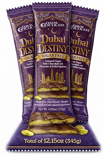 Davis Chocolate Dubai Destiny Sugar Free Vegan Milk Chocolate Bar, Pistachio & Puffed Quinoa, Gluten Free, Kosher, 4.05oz (3 Pack, SF - Milk Vegan)