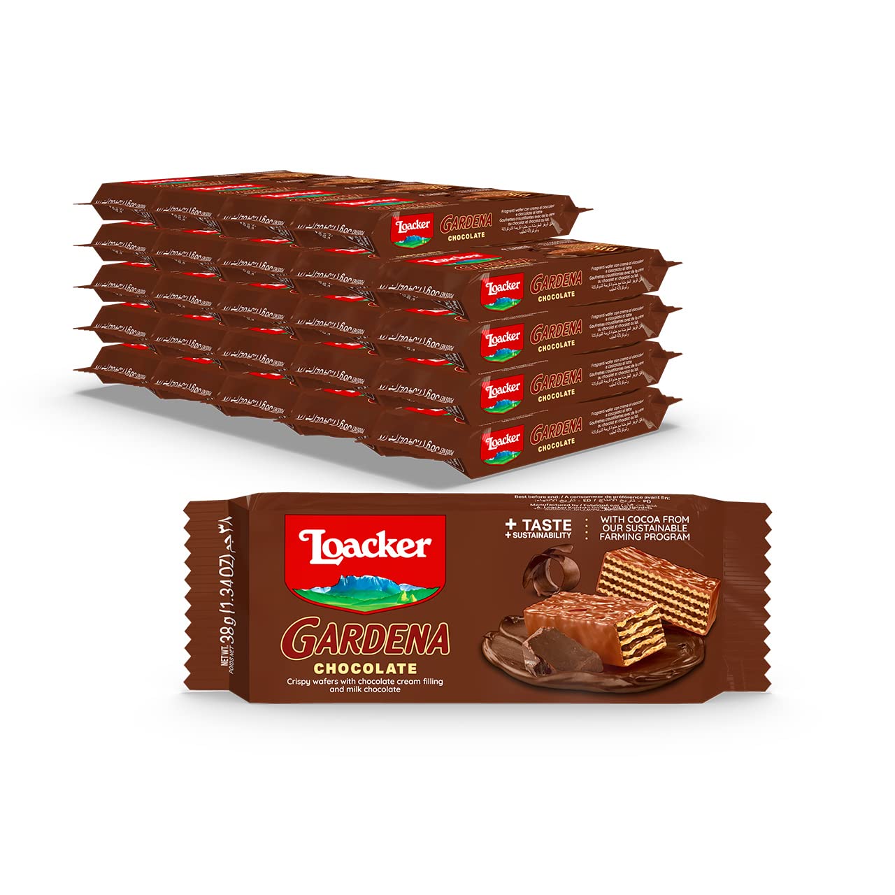 Loacker Gardena Chocolate, Premium Milk Chocolate Covered Crispy Wafer Snack Bars with Chocolate Cream Filling, Pack of 25 individually wrapped snacks