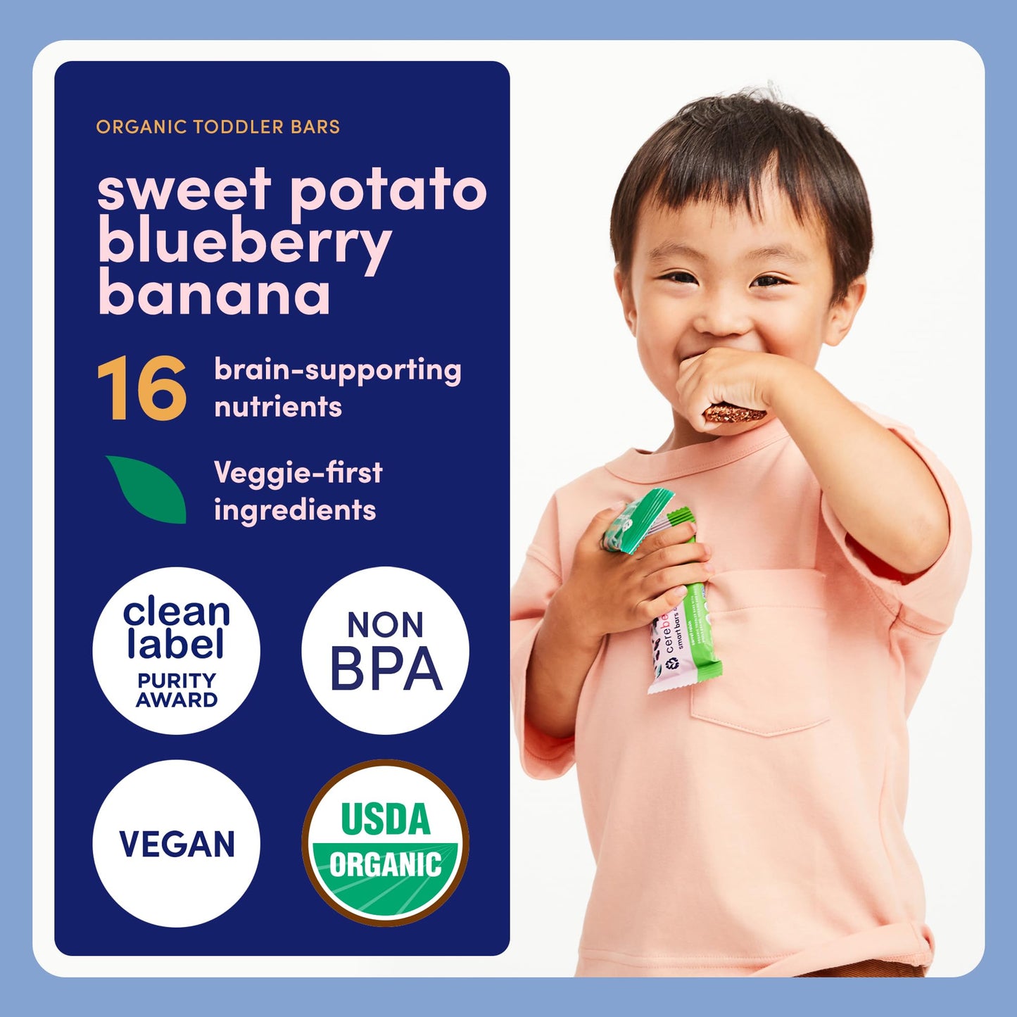 Cerebelly Toddler Bars - Organic Sweet Potato Blueberry Banana Smart Bars | Healthy Snack for Kids | 16 Brain-supporting Nutrients, Gluten Free, Nut