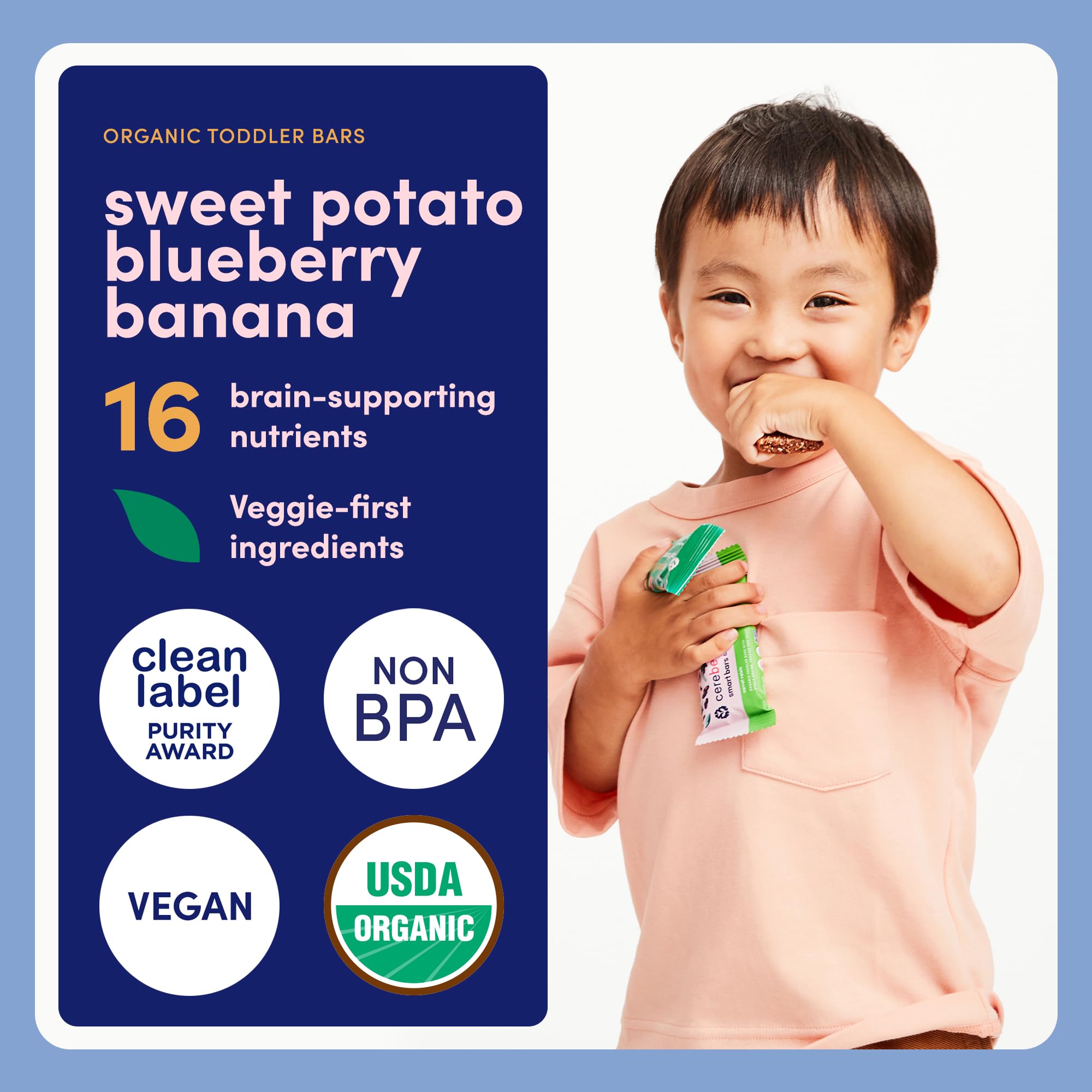 Cerebelly Toddler Bars - Organic Sweet Potato Blueberry Banana Smart Bars | Healthy Snack for Kids | 16 Brain-supporting Nutrients, Gluten Free, Nut