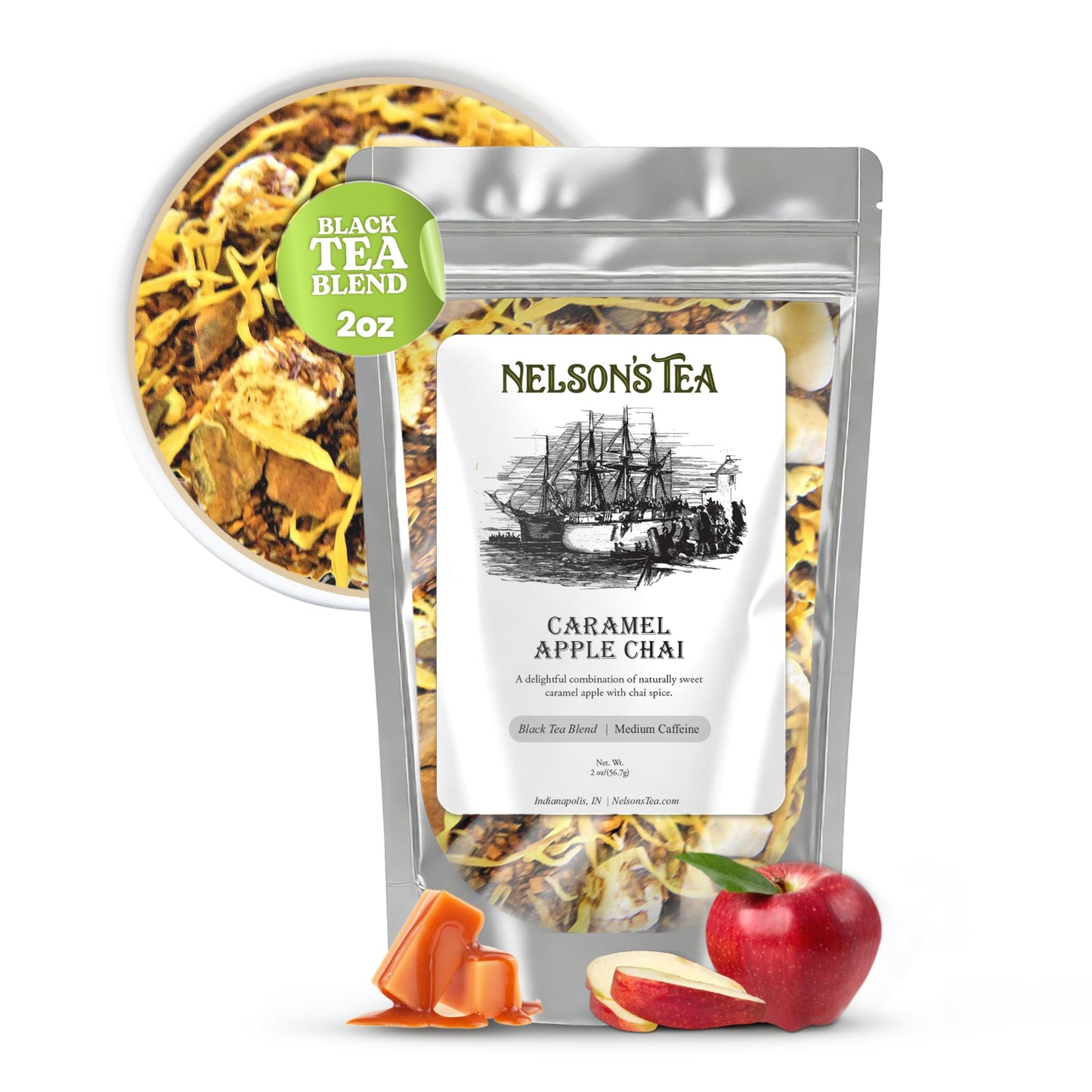 Nelson's Tea Caramel Apple Chai Tea Loose Leaf - Cut & Sifted Red Rooibos Loose Leaf Tea, Black Tea with Cinnamon Chips, Peppercorn, Ginger Root