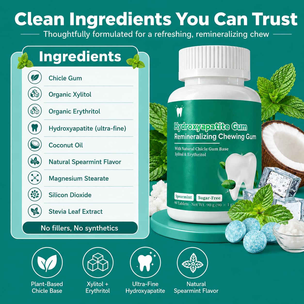 Remineralizing Gum with Nano Hydroxyapatite and Xylitol, Sugar-Free, Aspartame-Free, Plant-Based, Plastic-Free Gum Base, Supports Enamel & Fresh