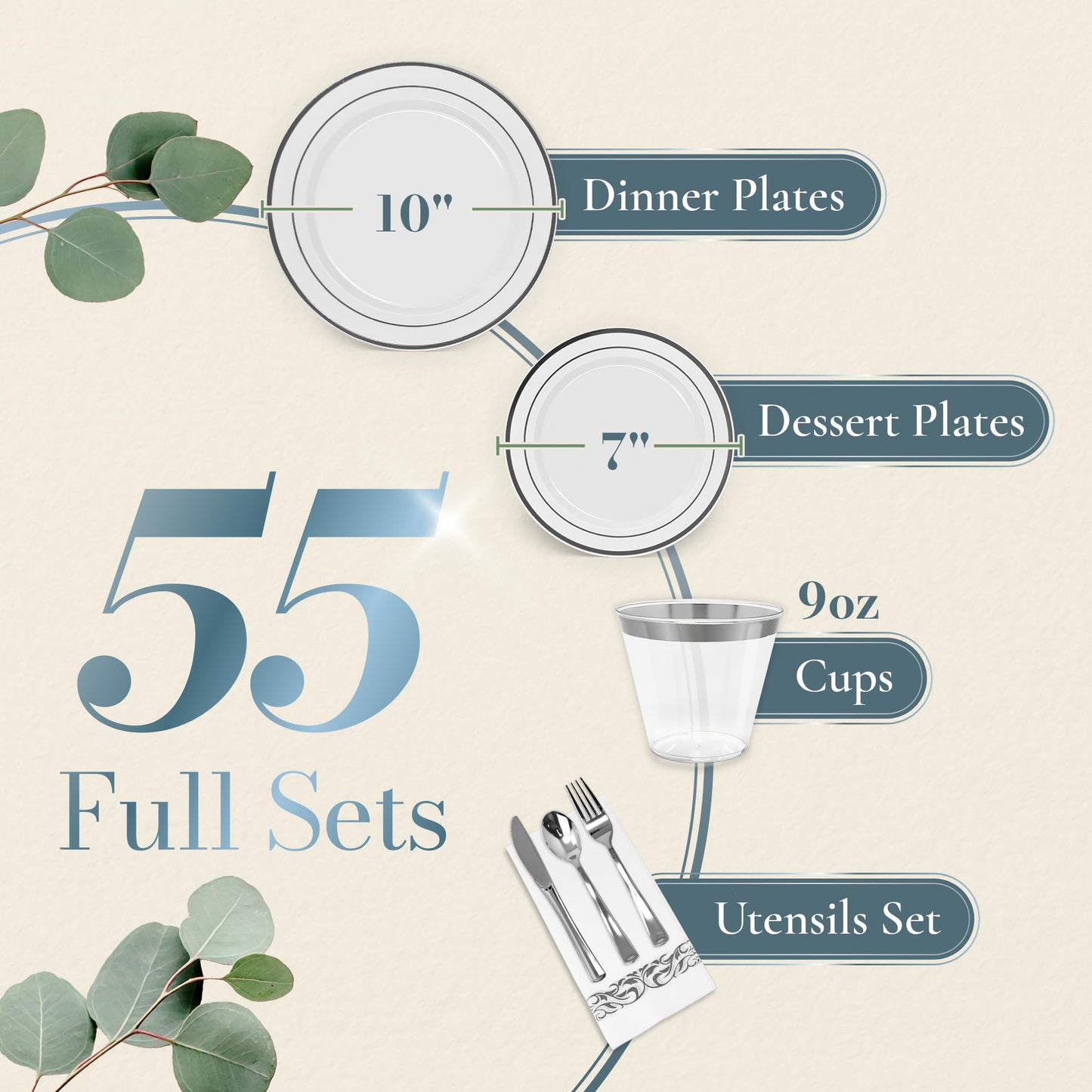 Reli. Plastic Plates for Party | 385 Pcs | White w/Silver Rim | Plates and Napkins Party Supplies | Disposable Dinnerware Set for 55 Guests |Dinner