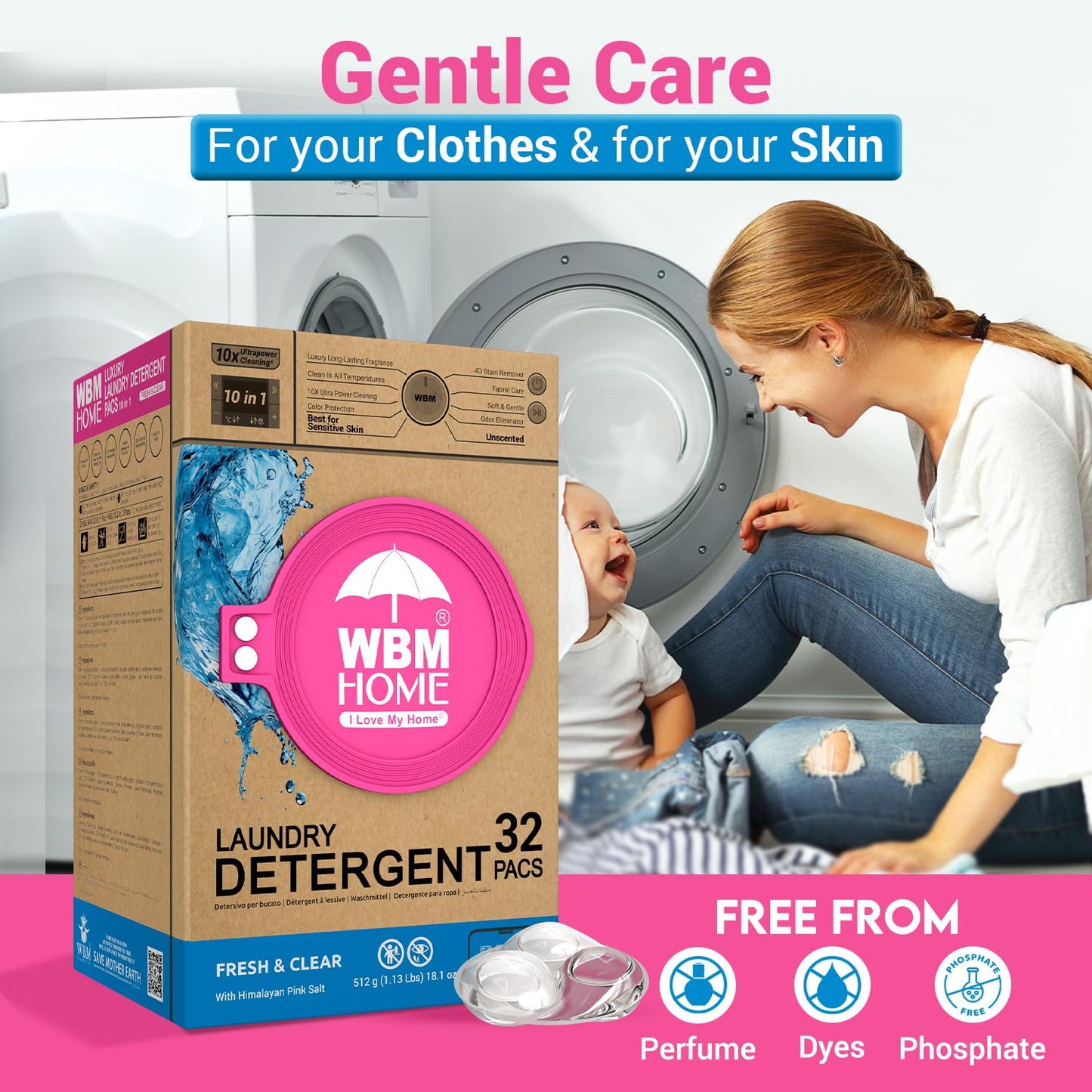 WBM Home Laundry Detergent Pods, 32 Count | Fresh & Clear Unscented | Laundry Pods 10x Ultrapower Cleaning With Color Protection and Eco-Friendly