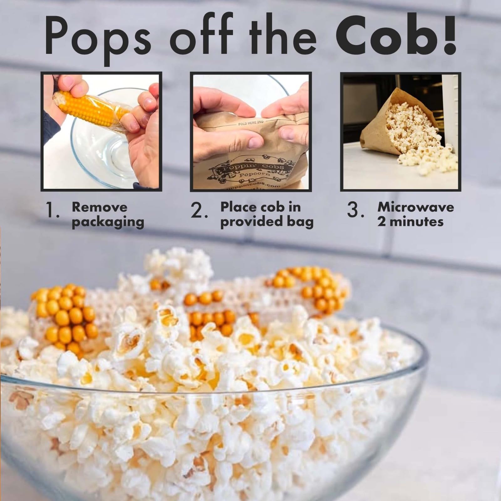 Poppin Cobs Microwave Popcorn on the Cob (3 PK) (Original) Whole Popcorn Kernels, Individually Wrapped Healthy Pop Corn on the Cob with Bags, Gluten