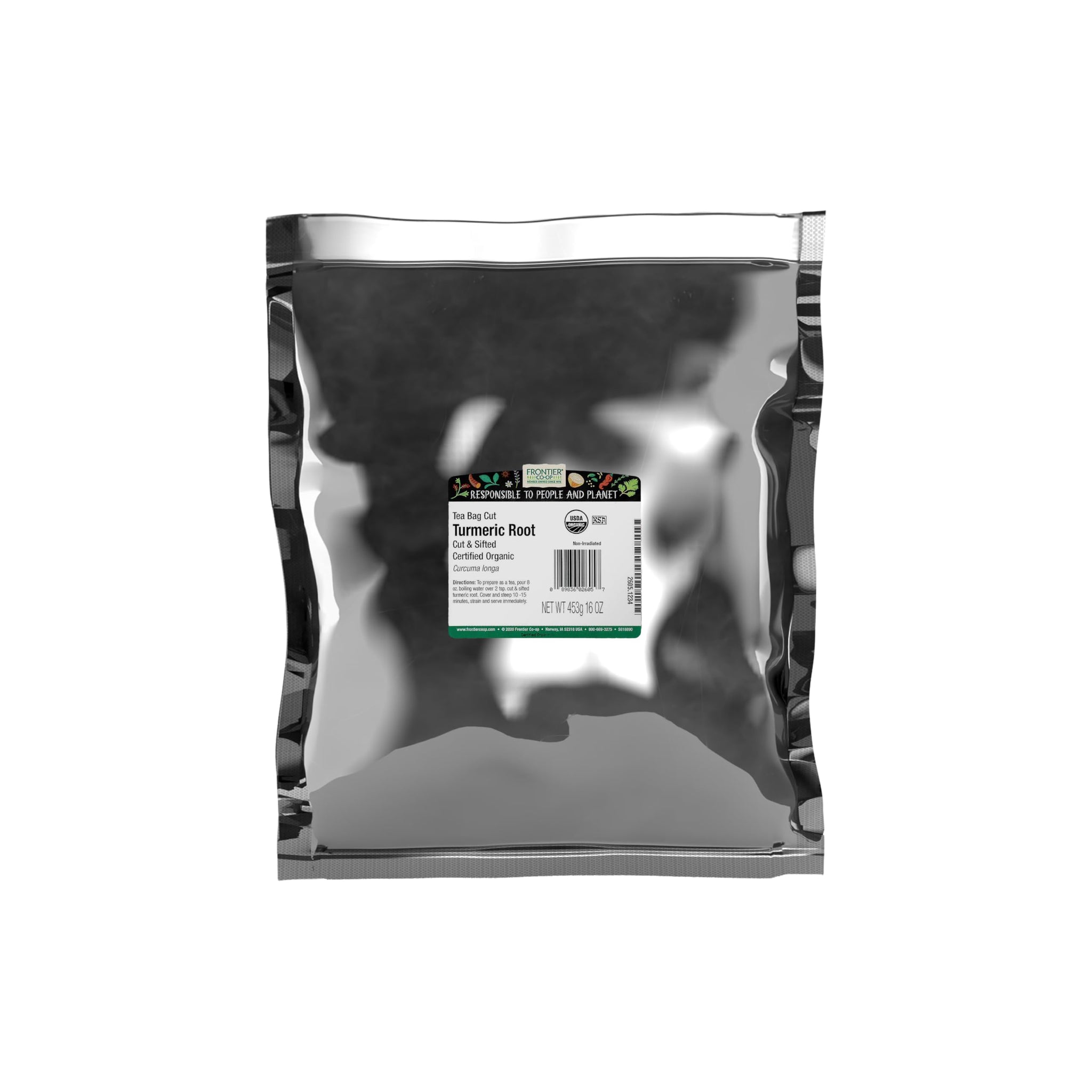 Frontier Organic Tea Bag Cut Turmeric Root, 1-Pound Bulk, Ideal for Iced Tea, Pickling Brines, Hot Tea, Sweet, Warm, Peppery
