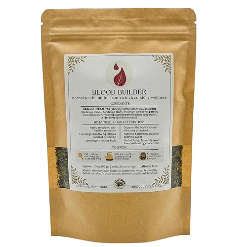 The Good Village Co. Blood Builder Loose Leaf Herbal Tea, Caffeine Free Botanical Blend with Nettle, Alfalfa, Dandelion Leaf, Parsley, Hibiscus