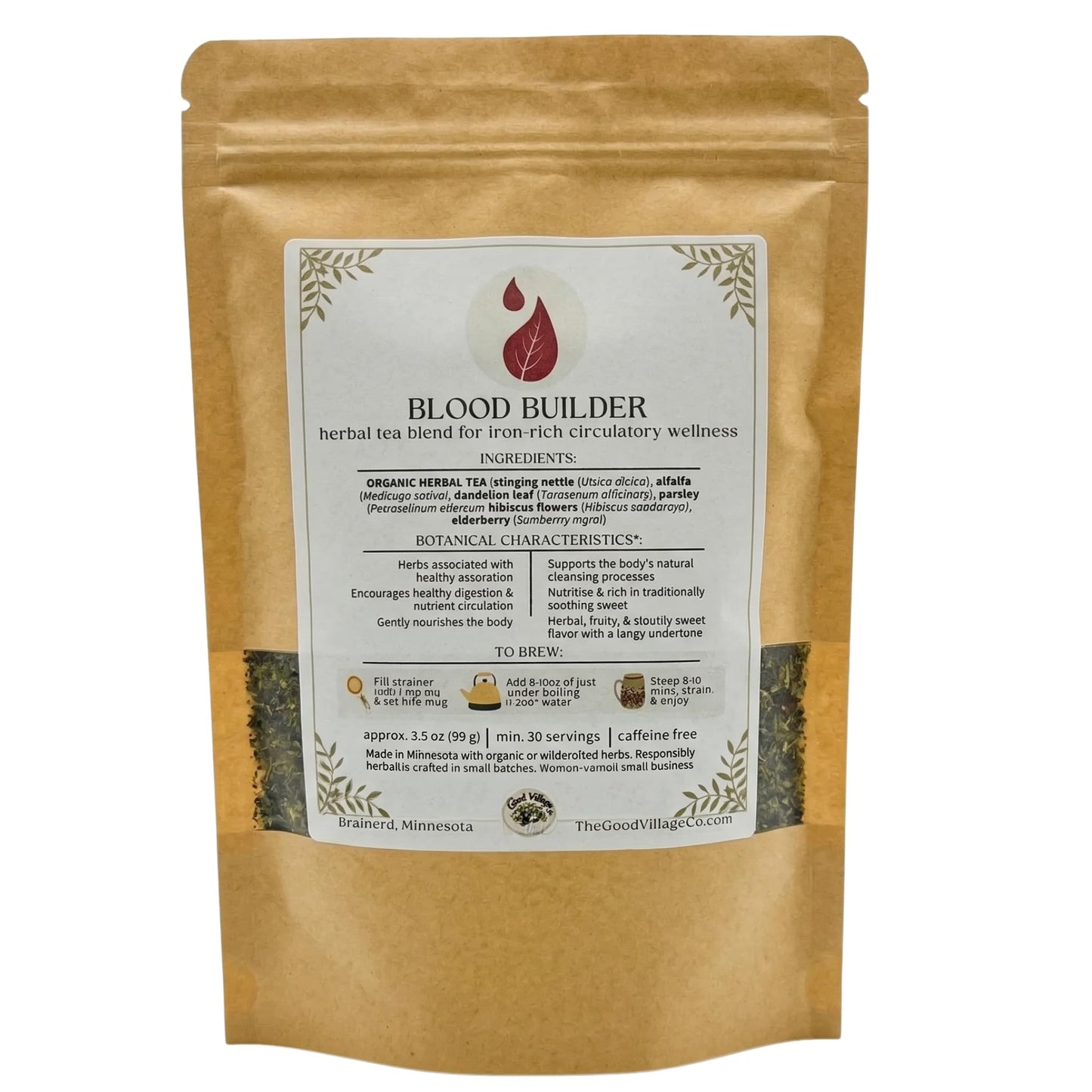 The Good Village Co. Blood Builder Loose Leaf Herbal Tea, Caffeine Free Botanical Blend with Nettle, Alfalfa, Dandelion Leaf, Parsley, Hibiscus