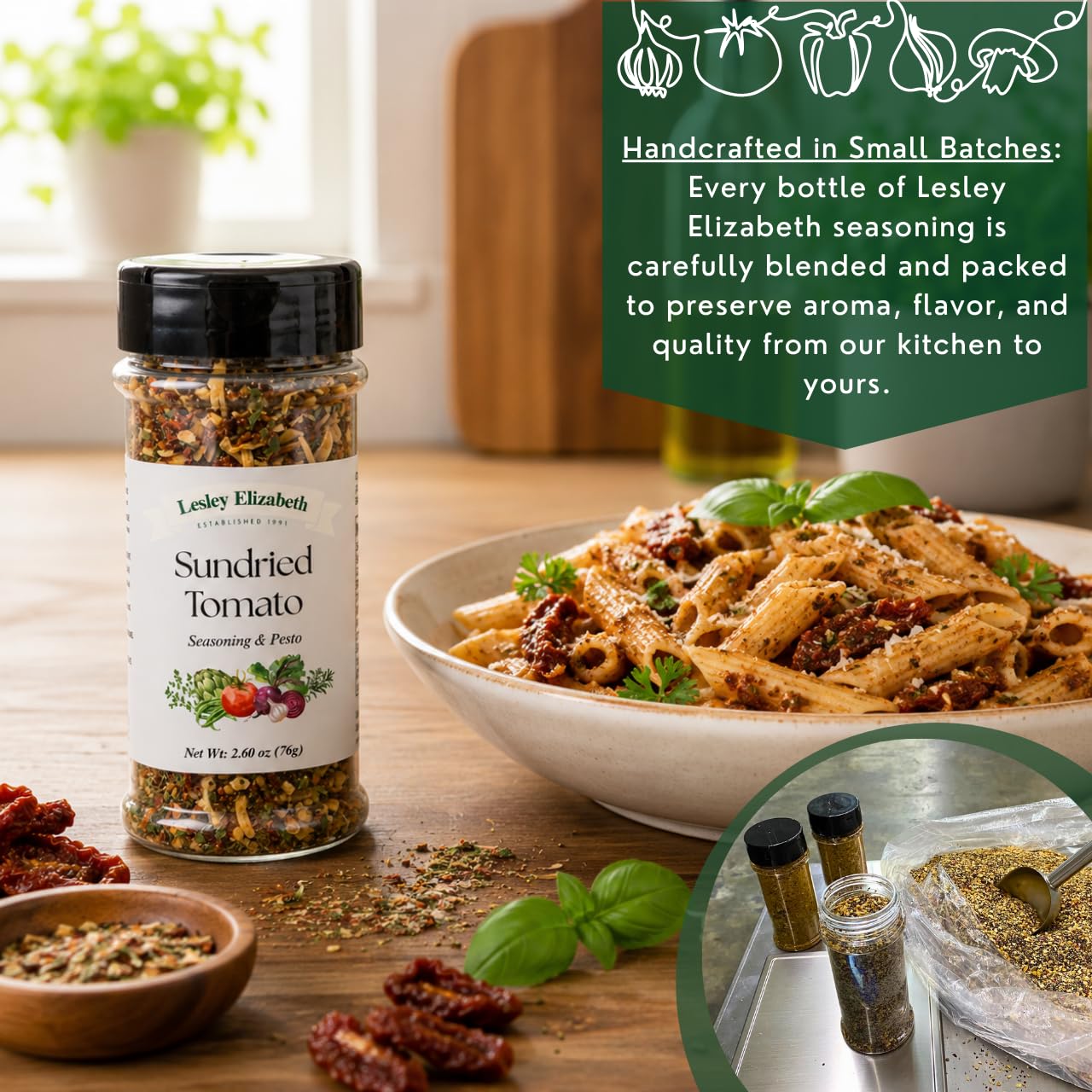 Lesley Elizabeth Sundried Tomato Seasoning & Pesto - Gourmet Italian Herb & Tomato Blend for Pasta, Chicken, Vegetables & Sandwiches | All-Purpose