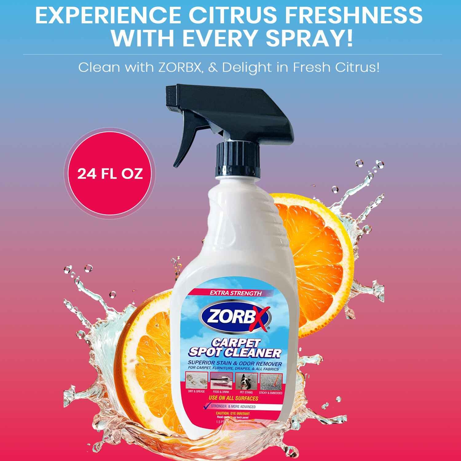 ZORBX Carpet Odor and Stain Remover Spray 24 oz - Perfect Addition to Cleaning Supplies - All-Purpose Carpet Spot Cleaner - Citrus Scented Pet Stain