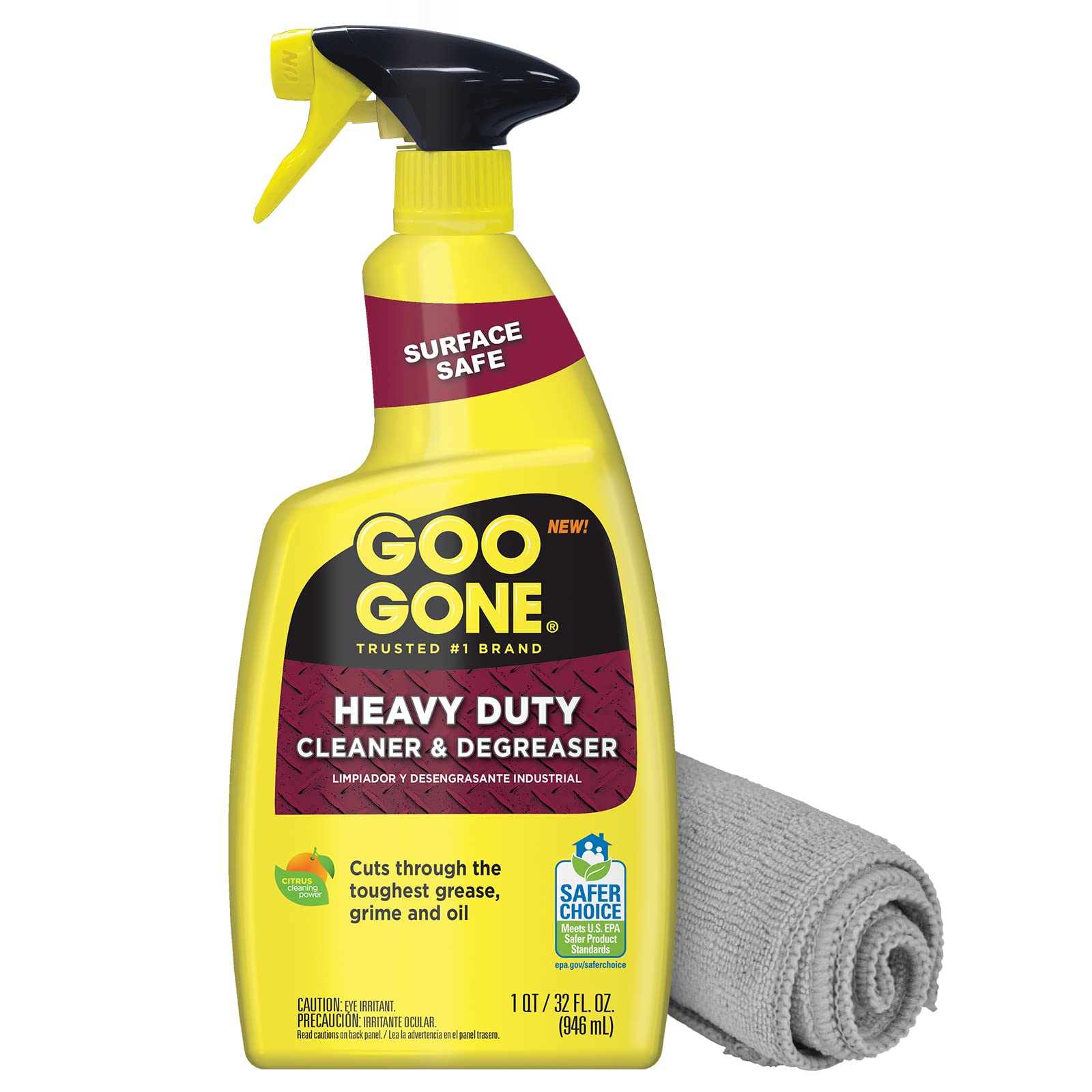 Goo Gone Heavy Duty Cleaner & Degreaser Spray With Microfiber Cleaning Towel - Cuts Through Tough Grease, Oil & Grime - 32 Oz (1 Pack + Towel)