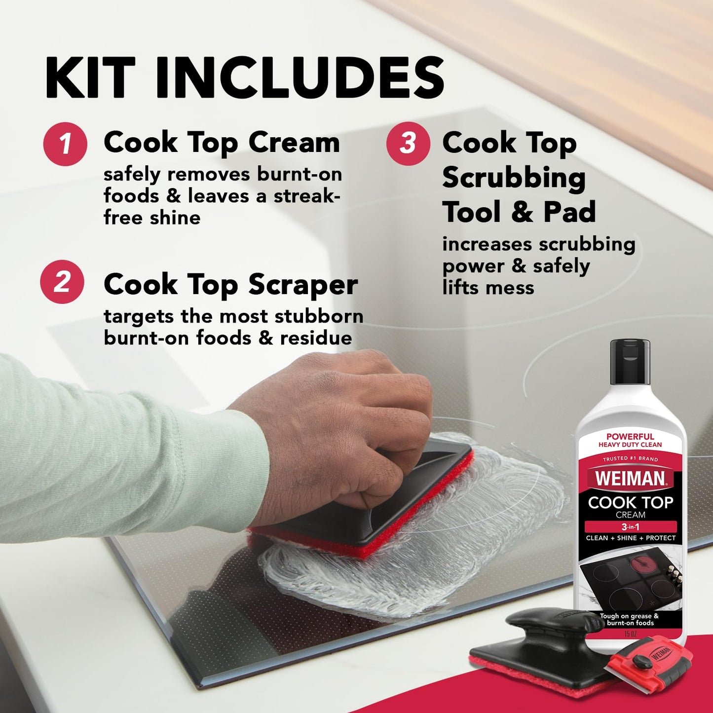 Weiman Glass & Ceramic Cooktop, Stove Top & Oven Cleaner Kit - Kitchen Cleaner Cream, 3 Scrubbing Pads & Scraper for Burnt-On Food & Grease, Clean