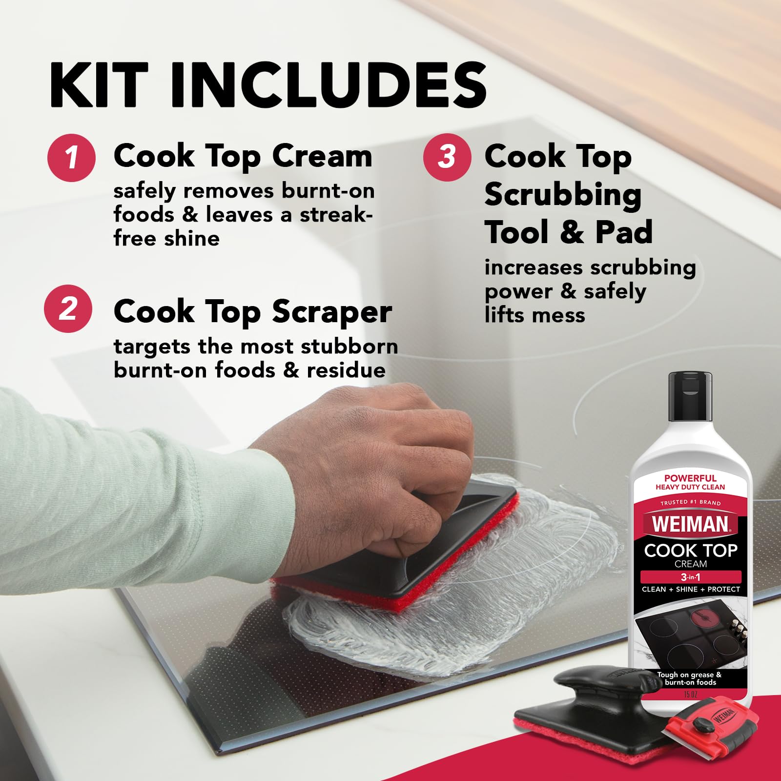 Weiman Glass & Ceramic Cooktop, Stove Top & Oven Cleaner Kit - Kitchen Cleaner Cream, 3 Scrubbing Pads & Scraper for Burnt-On Food & Grease, Clean